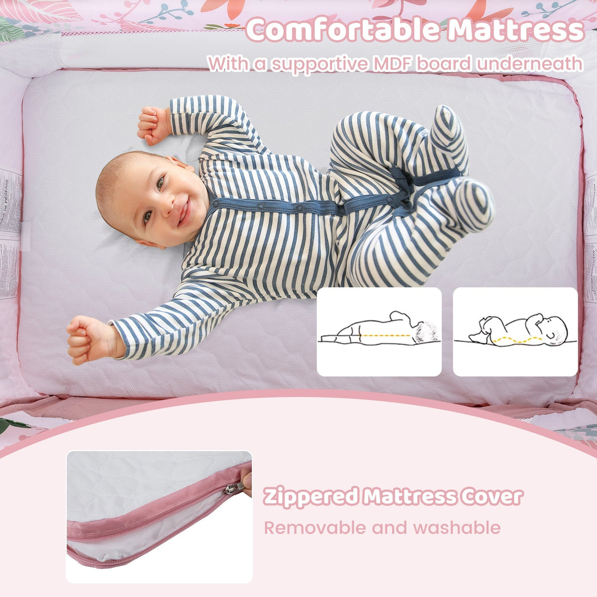 Folding Baby Bassinet Bedside Sleeper with 4 Adjustable Heights-Pink