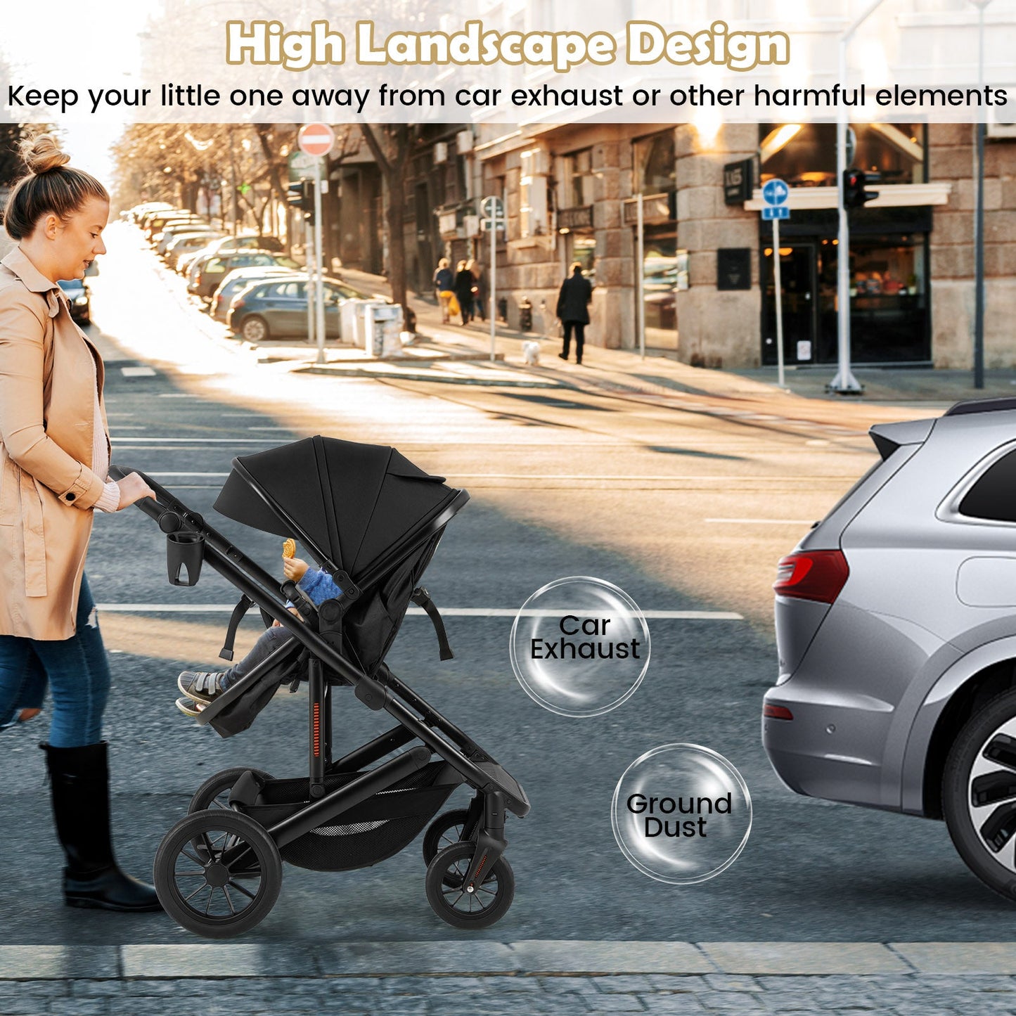 3-in-1 Folding Convertible Newborn Stroller with Detachable Bassinet-Black