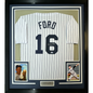 Framed Autographed/Signed Whitey Ford 35x39 New York Pinstripe Baseball Jersey PSA/DNA COA #3