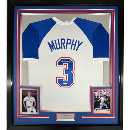 Framed Autographed/Signed Dale Murphy 35x39 Atlanta White Baseball Jersey PSA/DNA COA