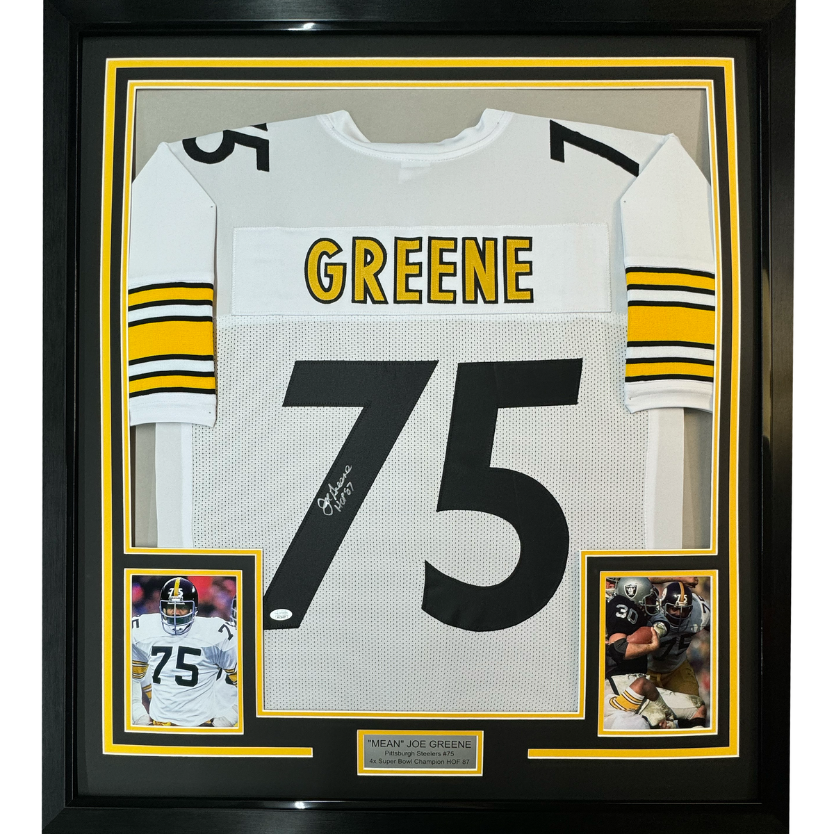Framed Autographed/Signed Mean Joe Greene HOF 87 35x39 Pittsburgh White Football Jersey JSA COA