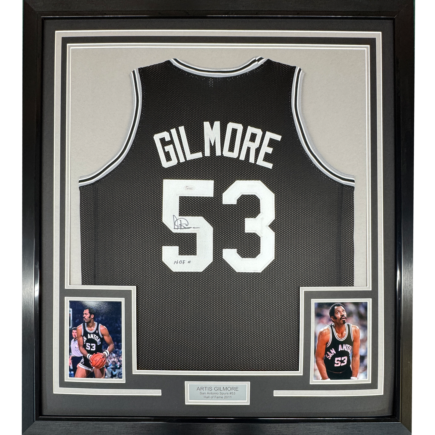 Framed Autographed/Signed Artis Gilmore HOF 11 35x39 San Antonio Black Basketball Jersey JSA COA