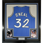 Framed Autographed/Signed Shaquille Shaq O'Neal 35x39 Orlando Blue Pinstripe Basketball Jersey Beckett BAS COA