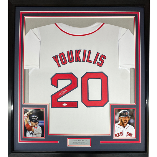 Framed Autographed/Signed Kevin Youkilis 35x39 Boston White Baseball Jersey JSA COA