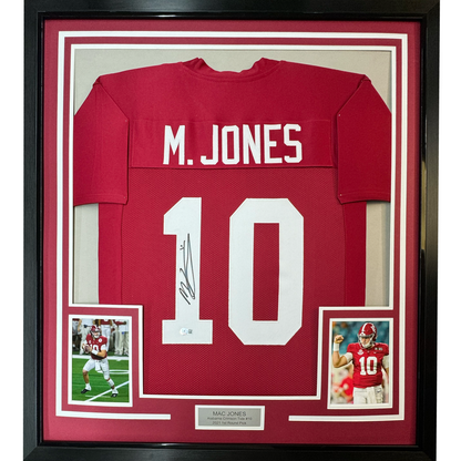 Framed Autographed/Signed Mac Jones 35x39 Alabama Red College Football Jersey Beckett BAS COA