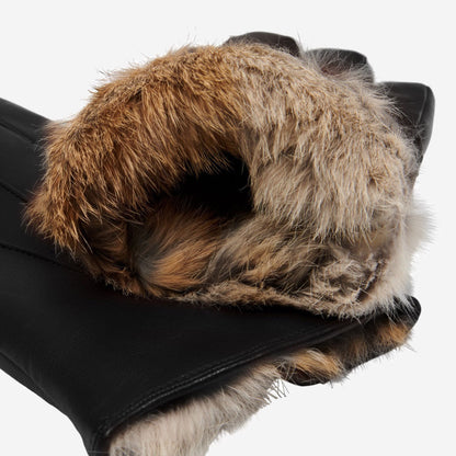 Francesca (black) - Italian lambskin leather gloves with brown rabbit fur lining