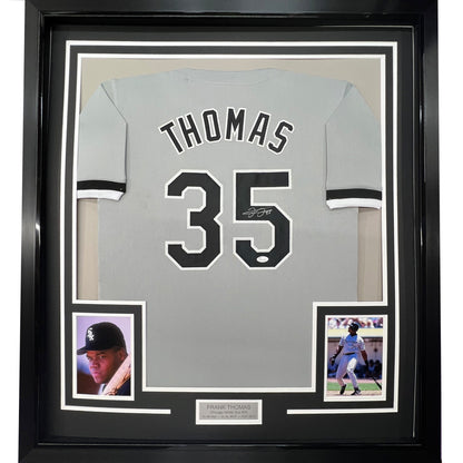 Framed Autographed/Signed Frank Thomas 35x39 Chicago Grey Baseball Jersey JSA COA