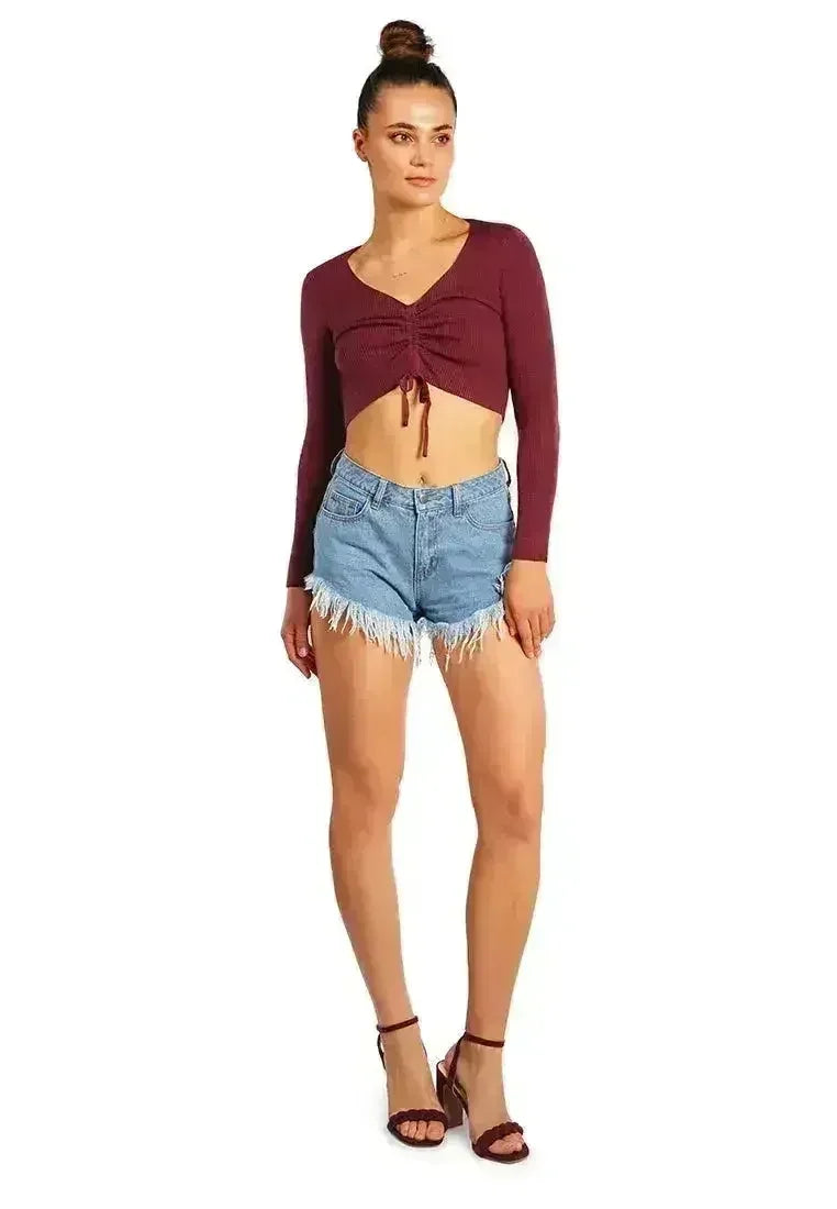 Destroyed Hem Denim Shorts | Rhinestone Patch Denim Shorts - femstylo