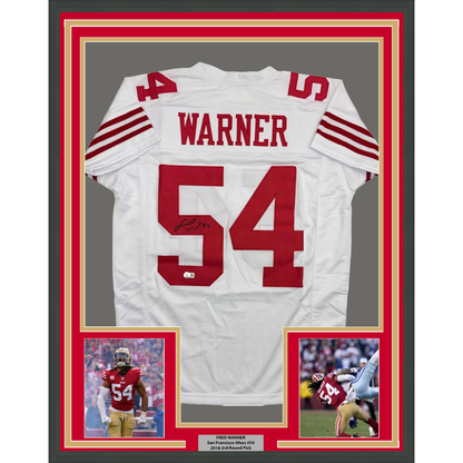 Framed Autographed/Signed Fred Warner 35x39 San Francisco White Football Jersey Beckett BAS COA