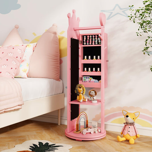 Free-Standing Full Length Mirror Kids Jewelry Armoire Cabinet-Pink