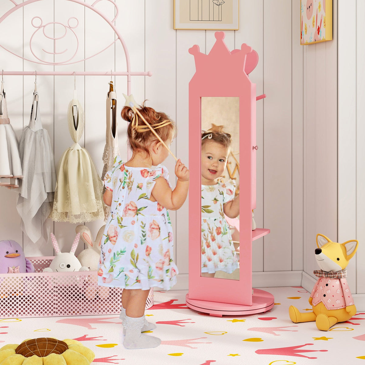 Free-Standing Full Length Mirror Kids Jewelry Armoire Cabinet-Pink