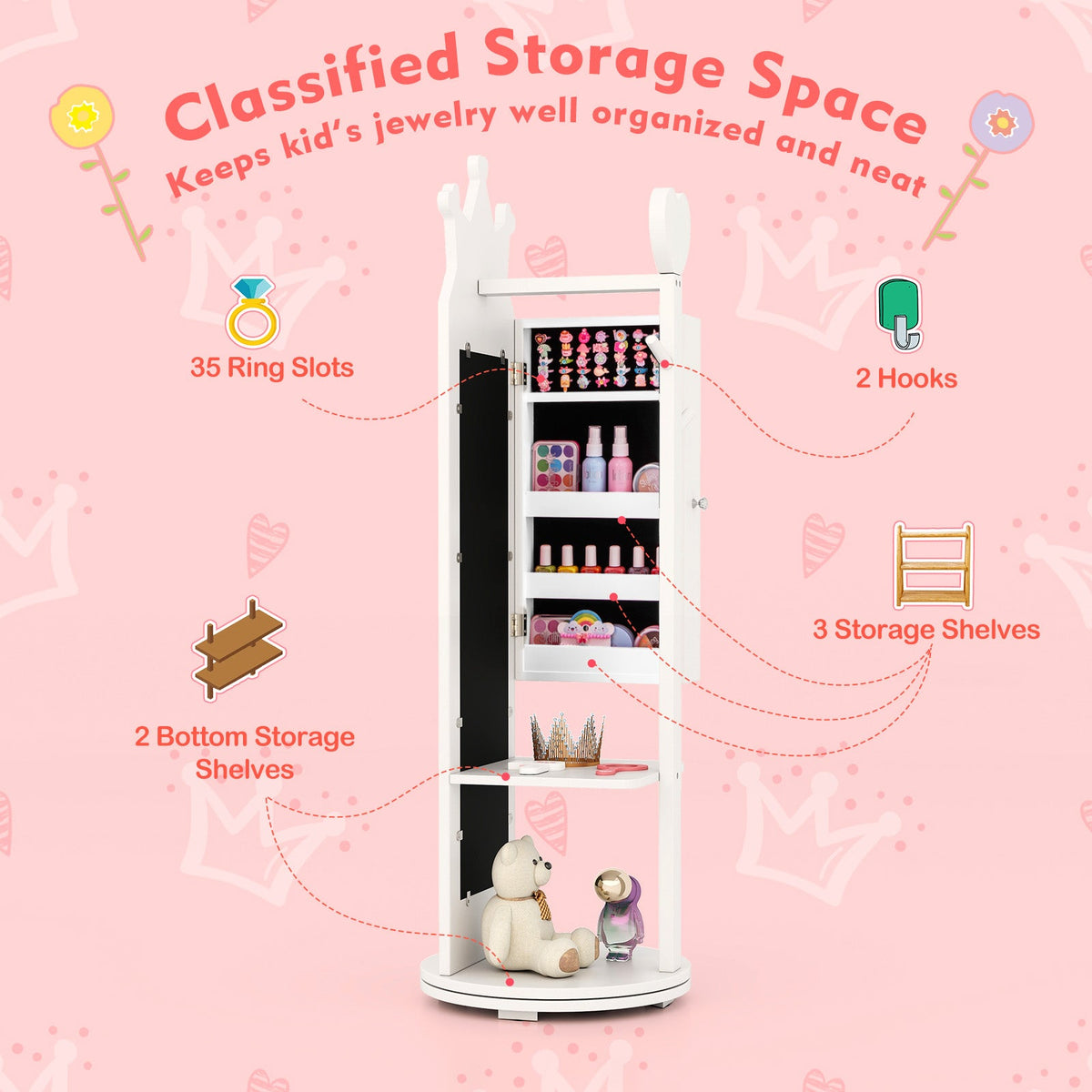 Free-Standing Full Length Mirror Kids Jewelry Armoire Cabinet-White