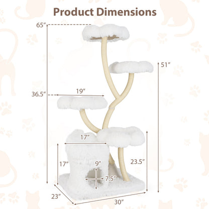 Freestanding Cat Tower with four Flower-shaped Platforms and Sisal Scratching Posts-White