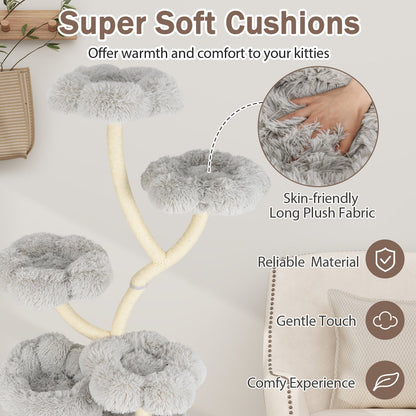 Freestanding Cat Tower with four Flower-shaped Platforms and Sisal Scratching Posts-Gray