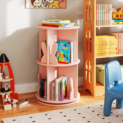 2 Tier Freestanding Kids Rotating Bookshelf Storage Rack with Bunny Baffles-Pink