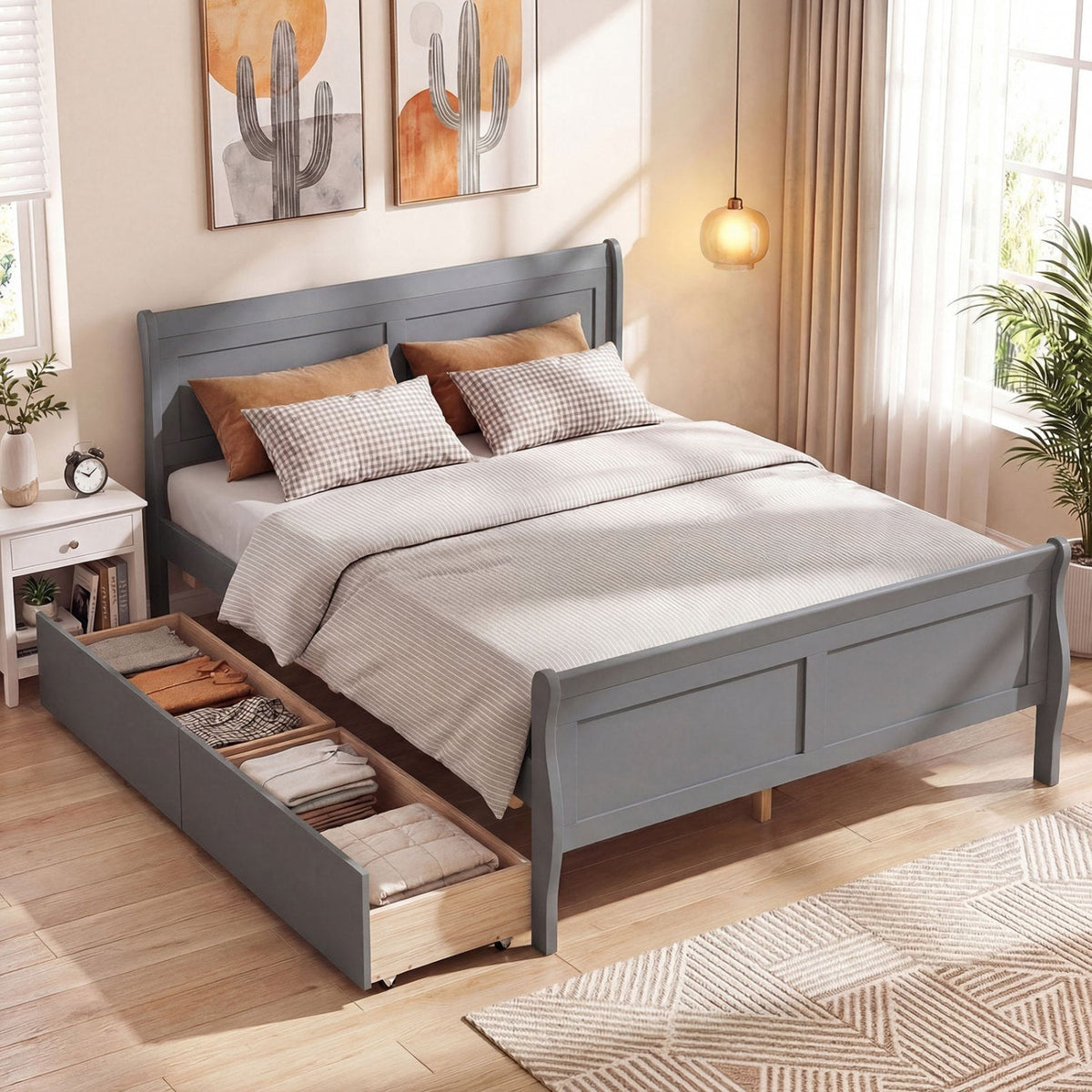 Full Size Bed Frame with 2 Storage Drawers and Footboard for Kids Teens Adults