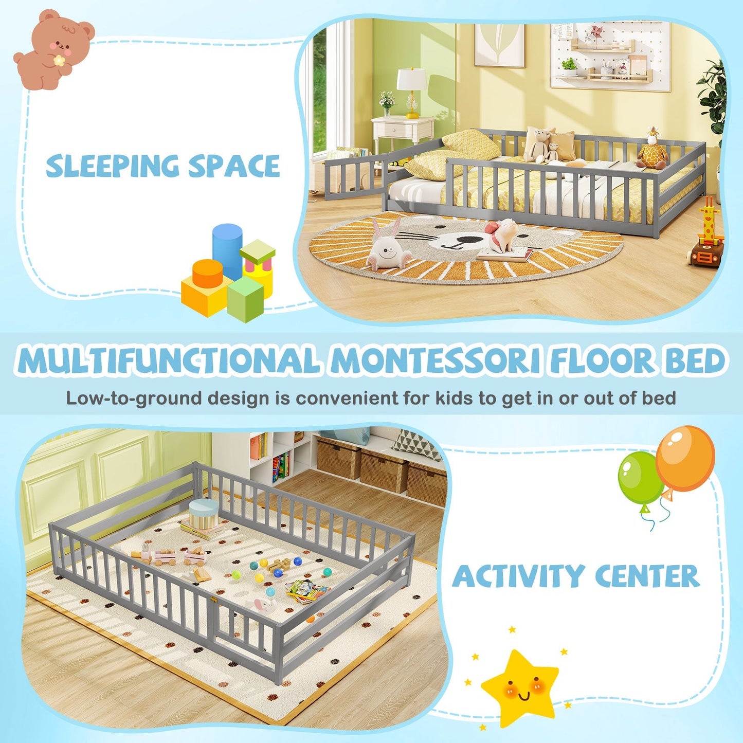 Full Size Floor Bed with Full Length Safety Guardrails