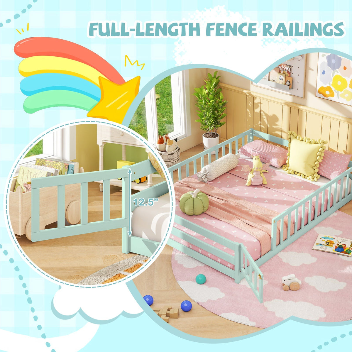 Full Size Floor Bed with Full Length Safety Guardrails