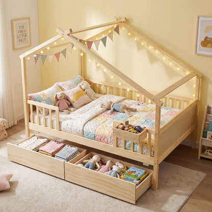 Full Size House Bed with Roof and Fence Rails for Kid