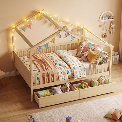 Full Size House Bed with Roof and Fence Rails for Kid