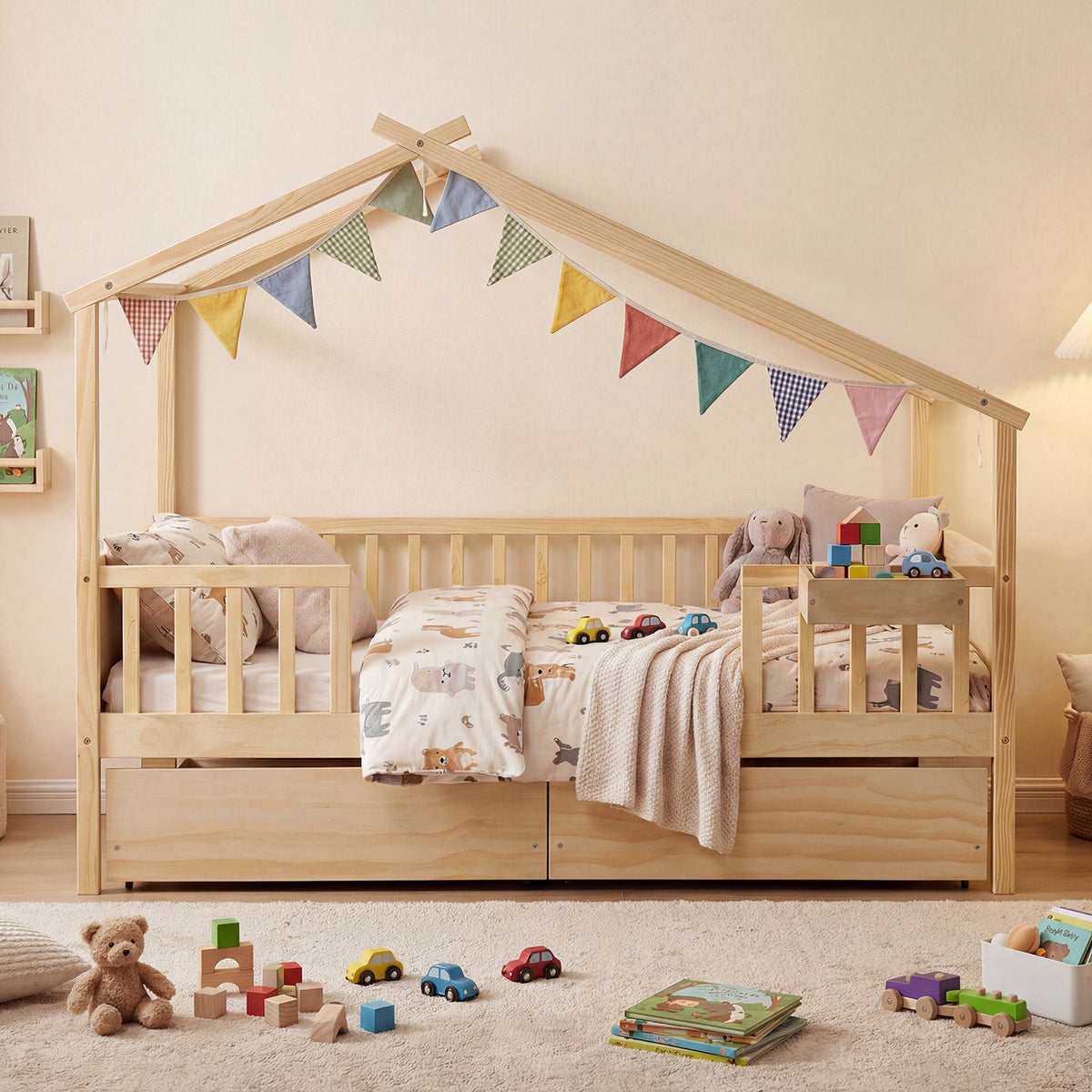 Full Size House Bed with Roof and Fence Rails for Kid