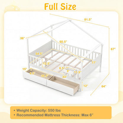 Full Size House Bed with Roof and Fence Rails for Kid