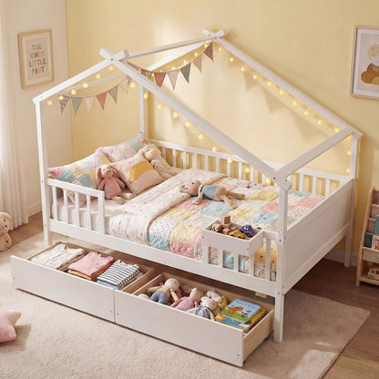 Full Size House Bed with Roof and Fence Rails for Kid