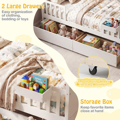Full Size House Bed with Roof and Fence Rails for Kid