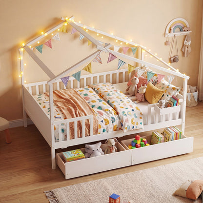Full Size House Bed with Roof and Fence Rails for Kid