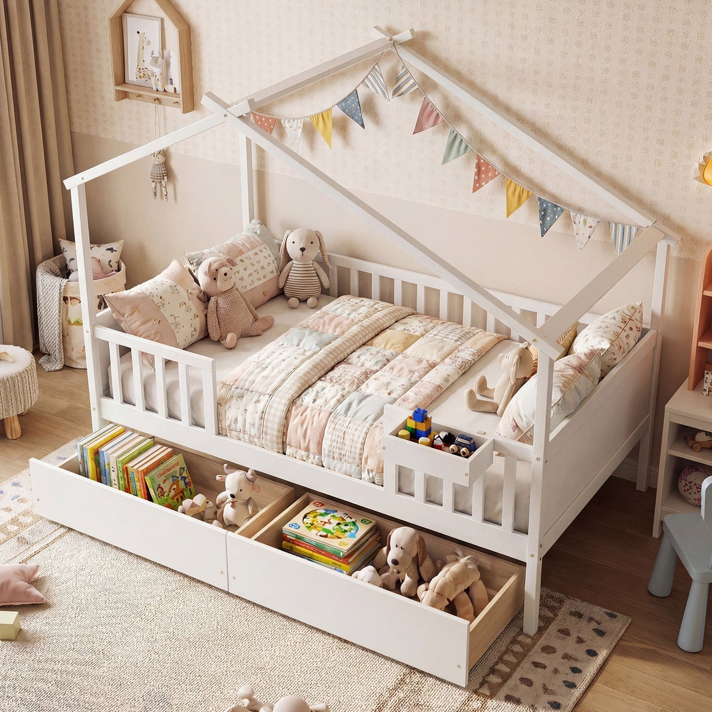 Full Size House Bed with Roof and Fence Rails for Kid