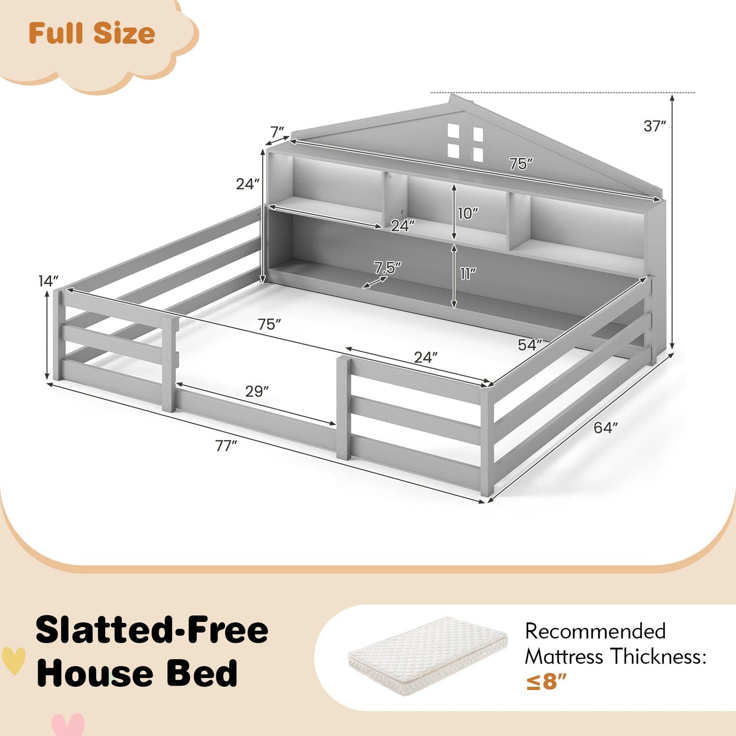 Full Size Montessori Floor Bed with Storage Compartments and Shelf