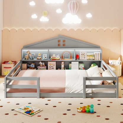 Full Size Montessori Floor Bed with Storage Compartments and Shelf
