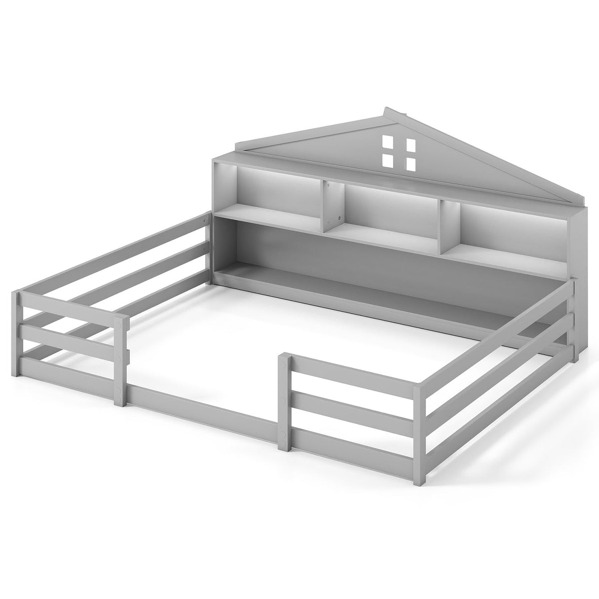Full Size Montessori Floor Bed with Storage Compartments and Shelf