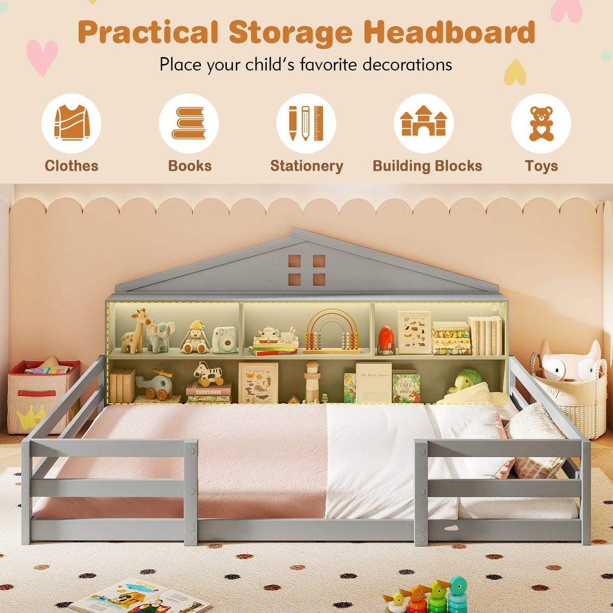 Full Size Montessori Floor Bed with Storage Compartments and Shelf