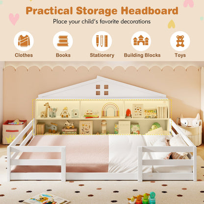 Full Size Montessori Floor Bed with Storage Compartments and Shelf