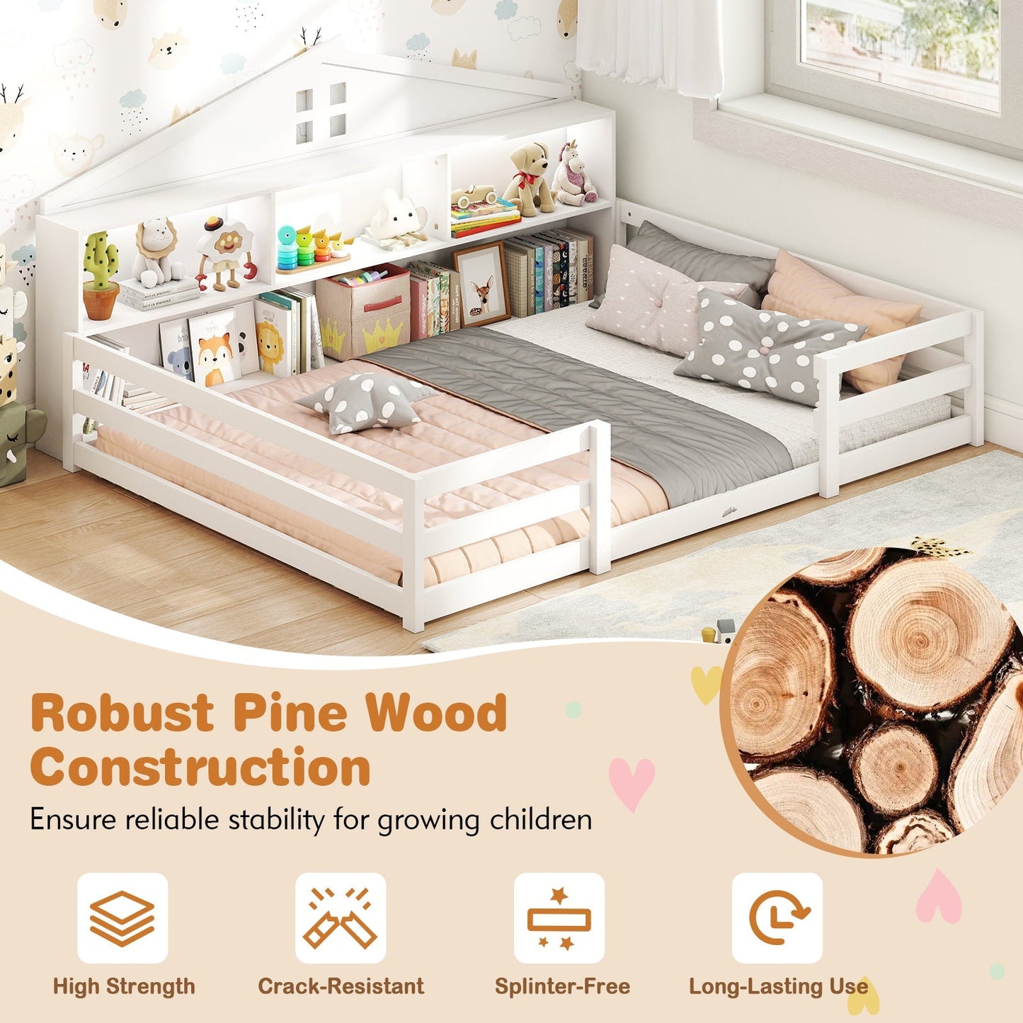 Full Size Montessori Floor Bed with Storage Compartments and Shelf