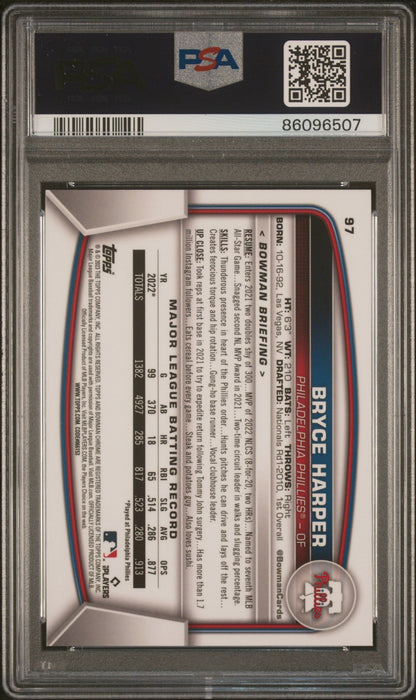 Graded 2023 Topps Bowman Chrome Sapphire Edition Bryce Harper #97 Baseball Card PSA 10 Gem Mint