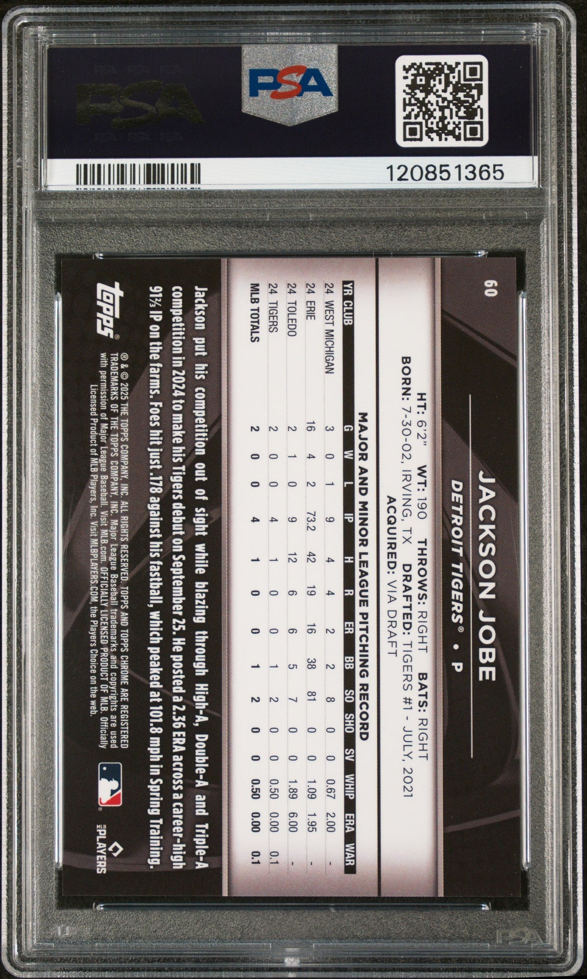 Graded 2025 Topps Chrome Black Jackson Jobe #60 Blue Lava /150 Rookie RC Baseball Card PSA 10 Gem Mint
