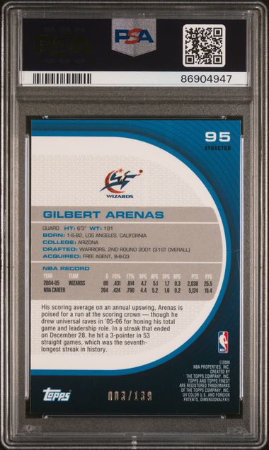 Graded 2005 Topps Finest Gilbert Arenas #95 /139 Red X-Fractor Basketball Card PSA 10 Gem Mint