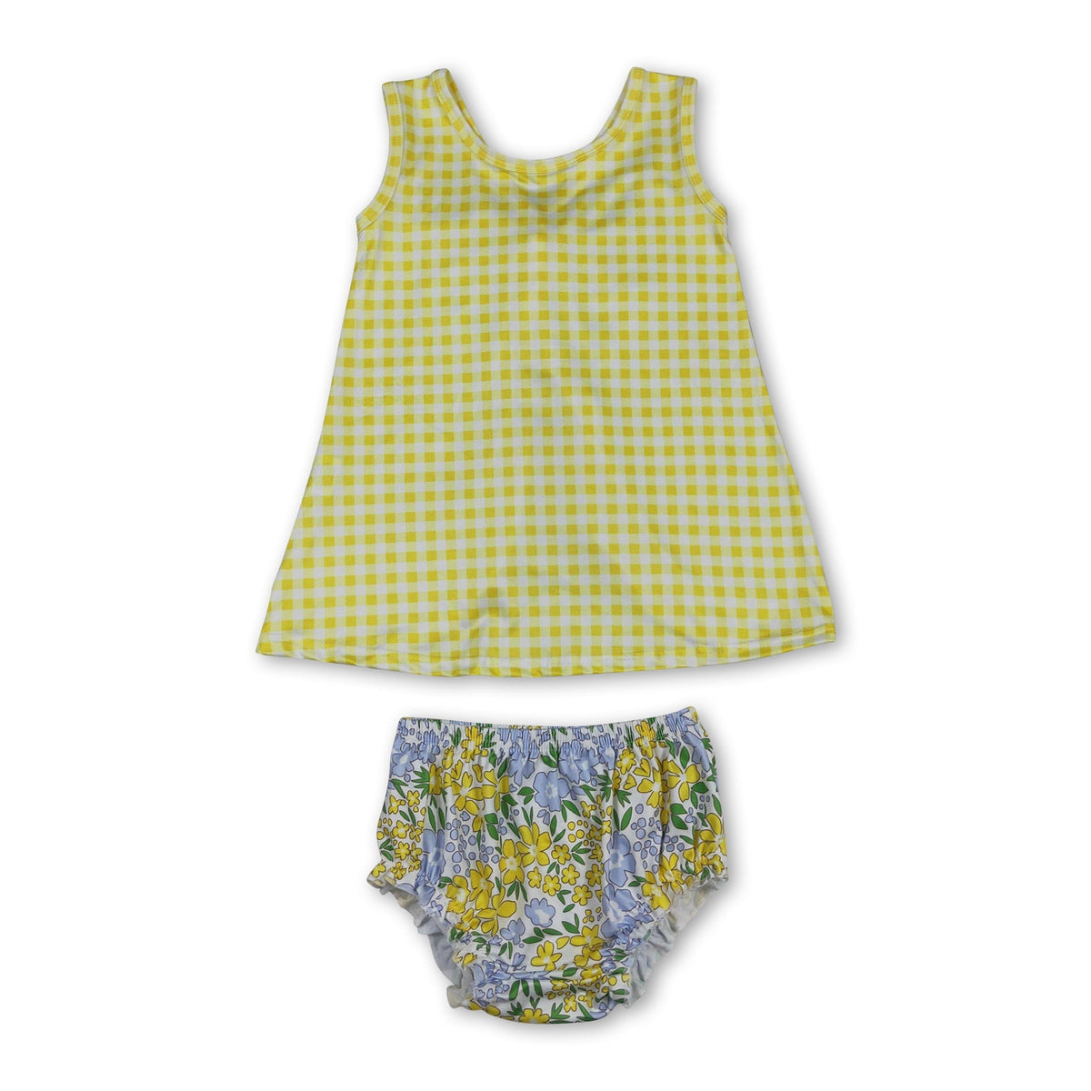 Sleeveless yellow plaid top floral bummies baby girls set