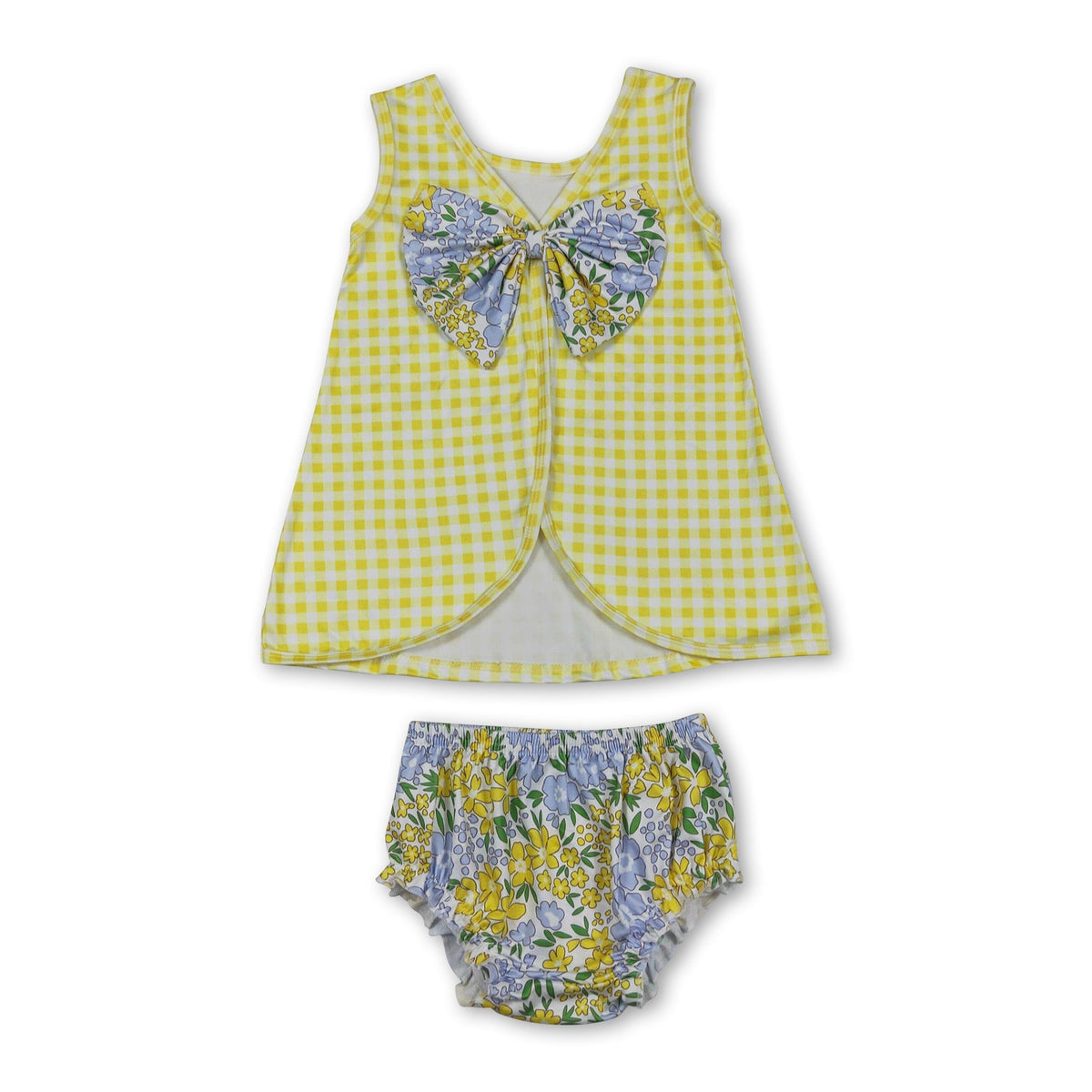 Sleeveless yellow plaid top floral bummies baby girls set