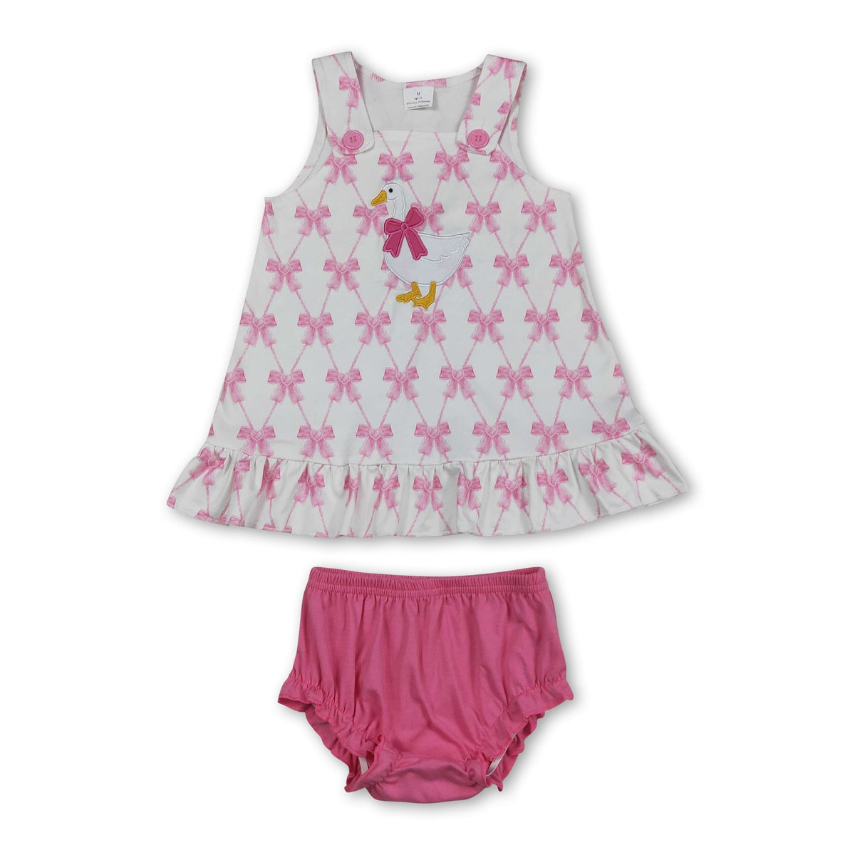 Sleeveless pink bow goose embroidery baby girls bummies set