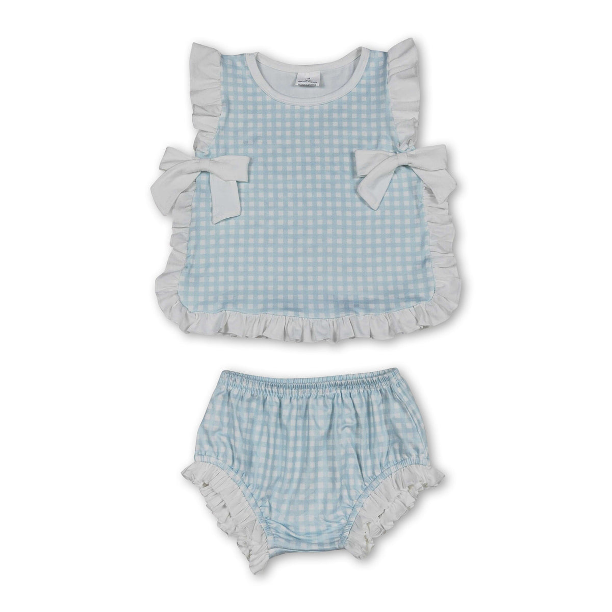 Ruffle bow light blue plaid baby girls summer bummies set