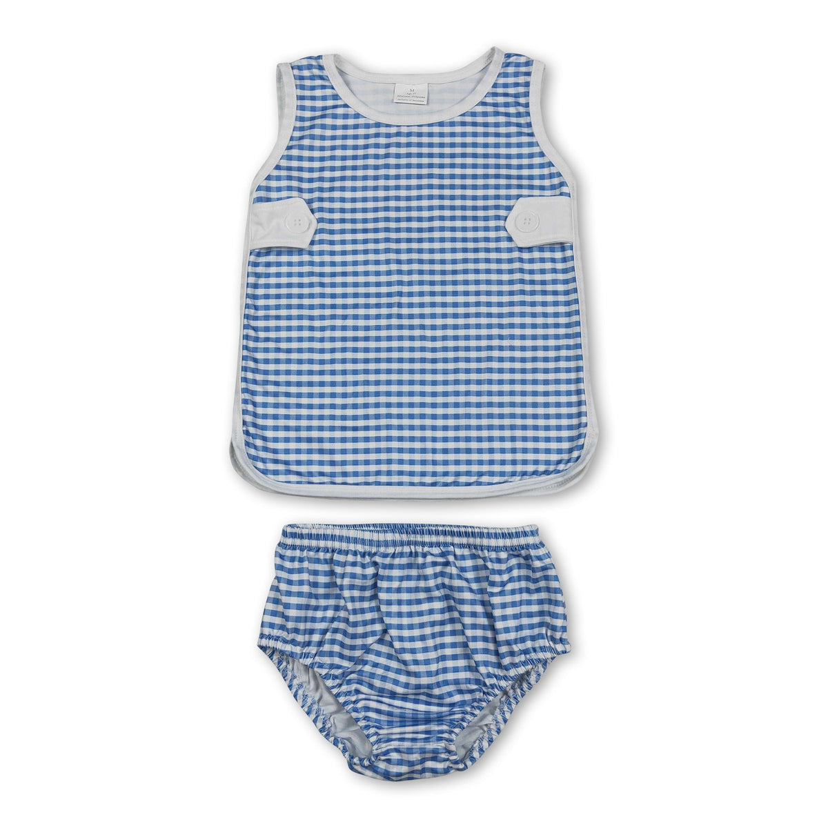 Sleeveless top light blue plaid bummies baby girls set