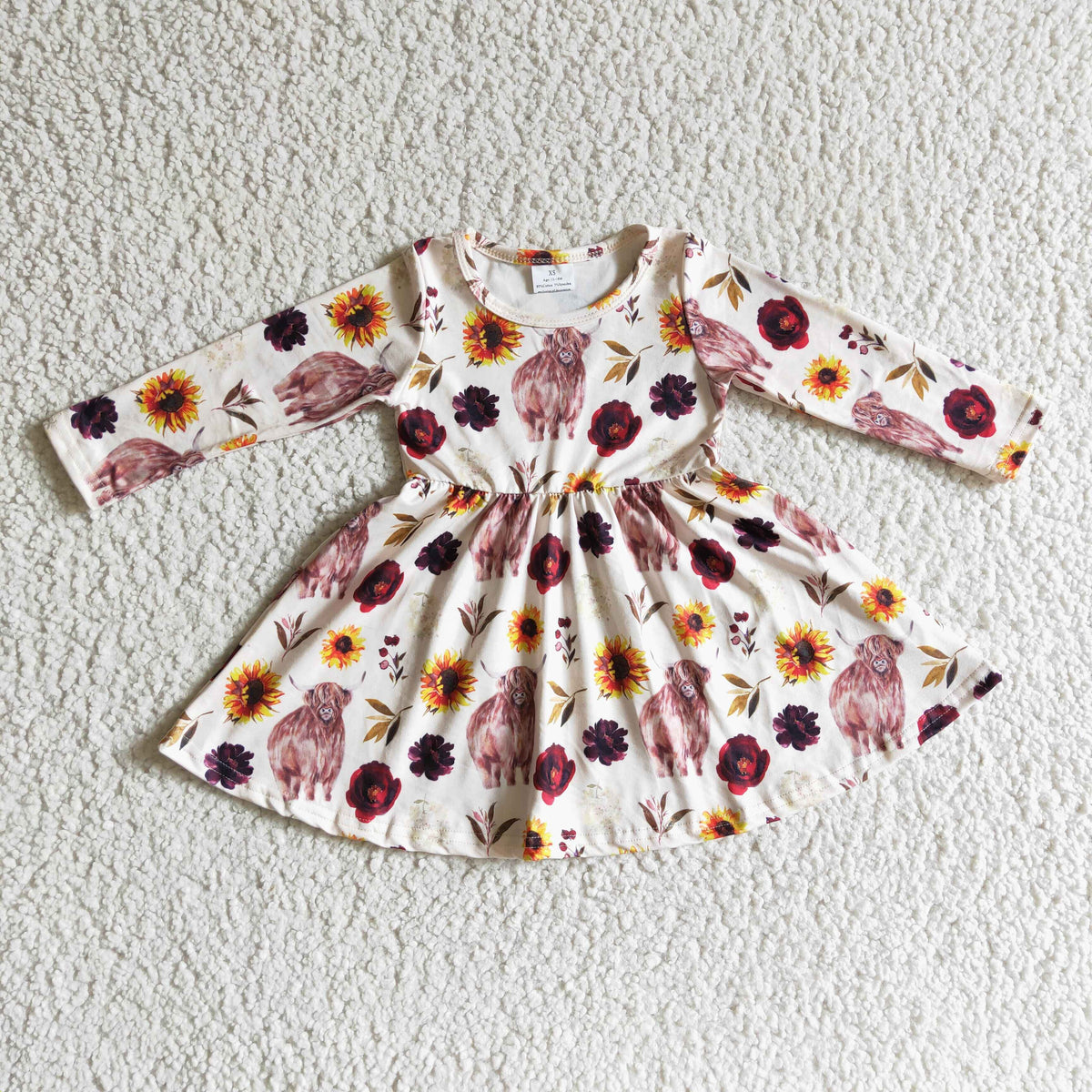 Highland cow floral long sleeves baby girls twirl dresses
