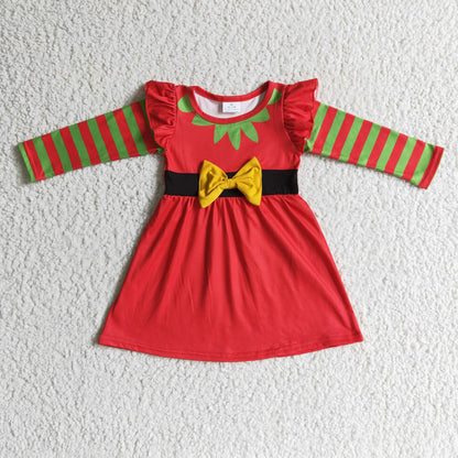 Stripe long sleeves red bow baby girls Christmas dresses