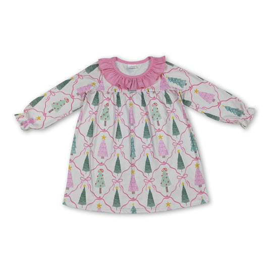 Pink ruffle long sleeves Christmas trees bow girls dress