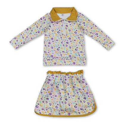 purple yellow green leopard pullover skirt kids girls Mardi Gras set