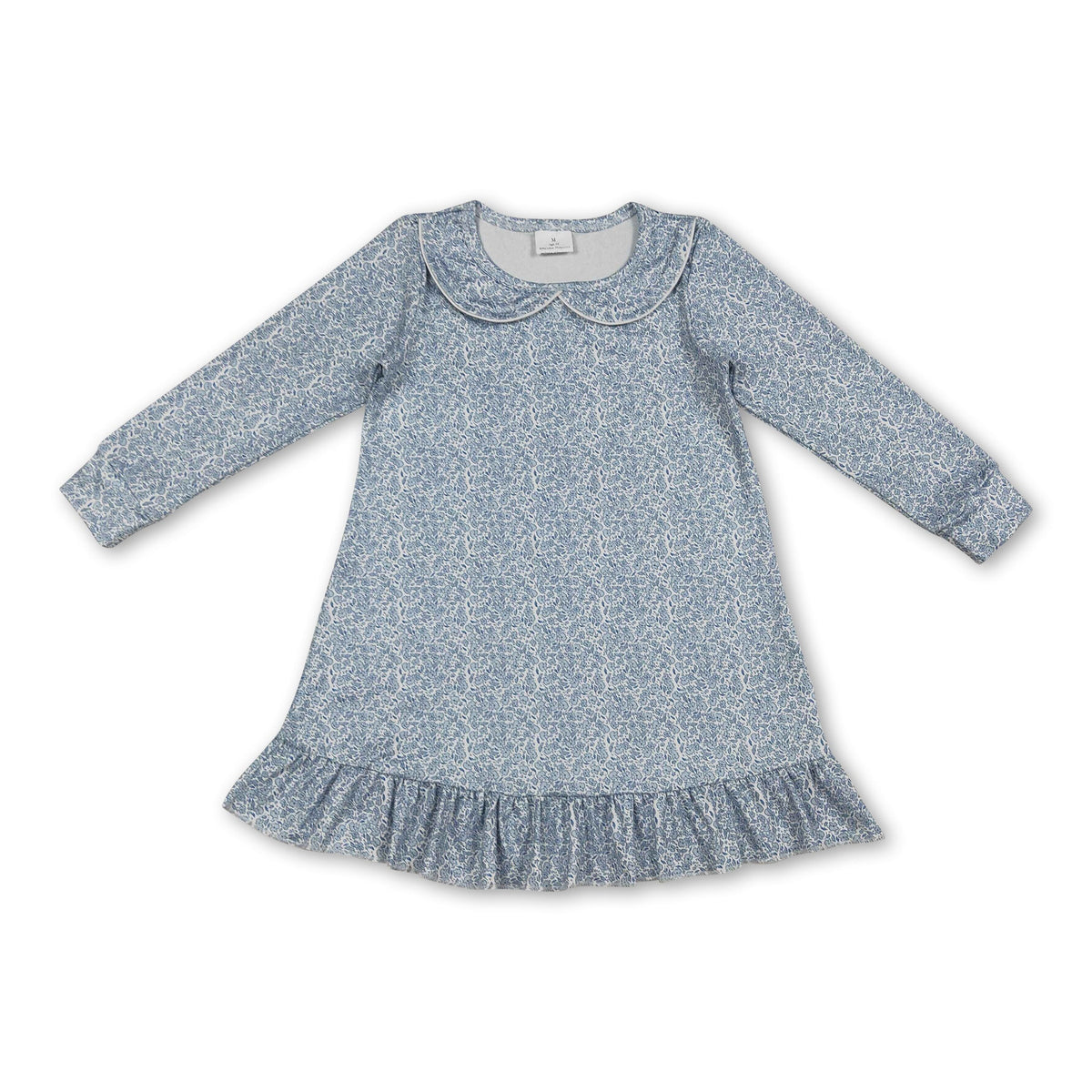 Long sleeves light blue floral ruffle baby girls dresses