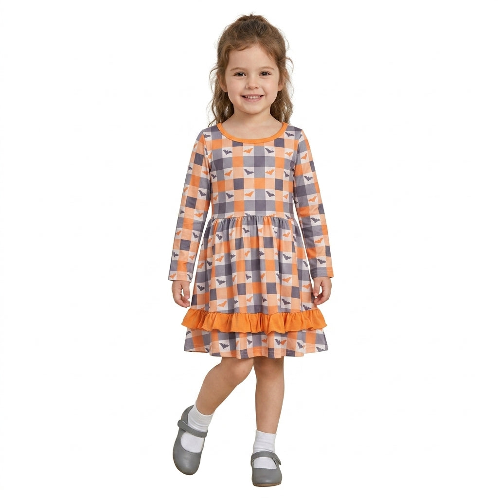 Long sleeves plaid bat ruffle girls Halloween dresses